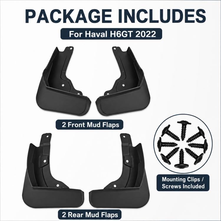 Car mud flap set diagram: two front and two rear black flaps