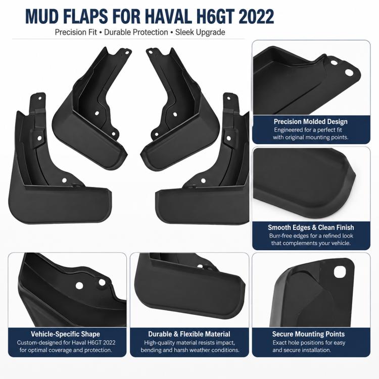 Black mud flaps with smooth edges and molded fit, 4-piece set