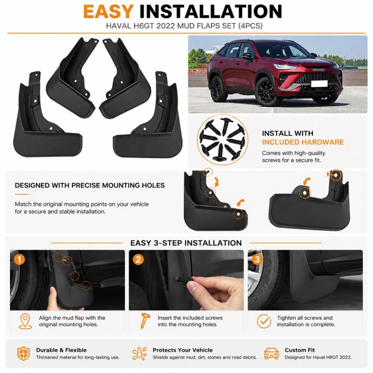 Black mud flap set with included screws and mounting hardware, easy-install view