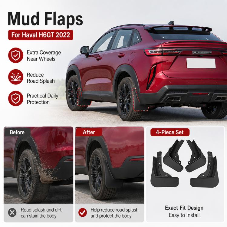 Black rear mud flap set with extra wheel coverage, precise molded fit