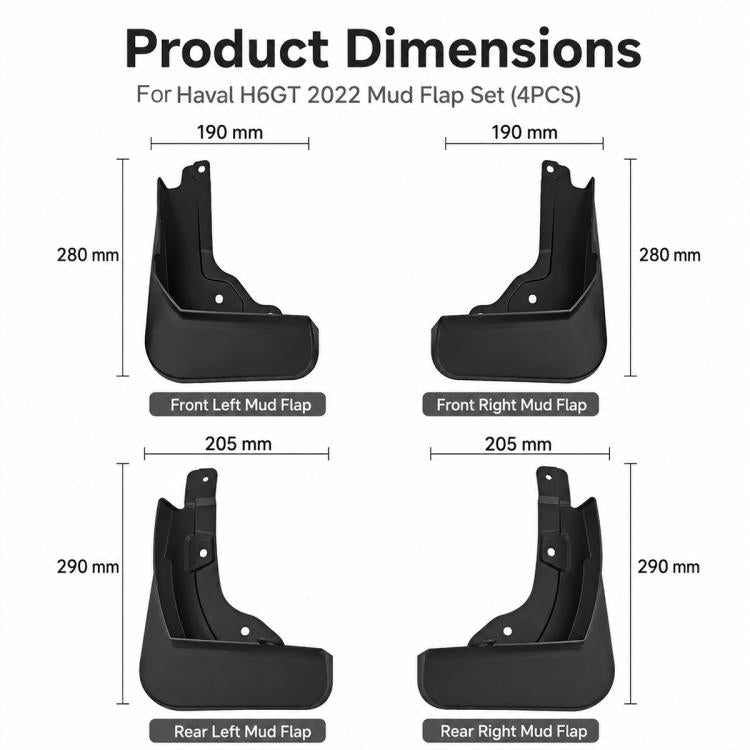 Black mud flap dimensions layout for four molded flaps: front left/right rear left/right