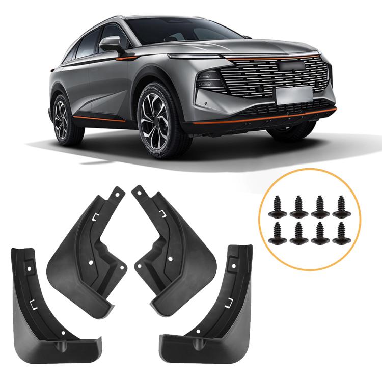 Set of four black car splash flap guards with mounting screws and brackets