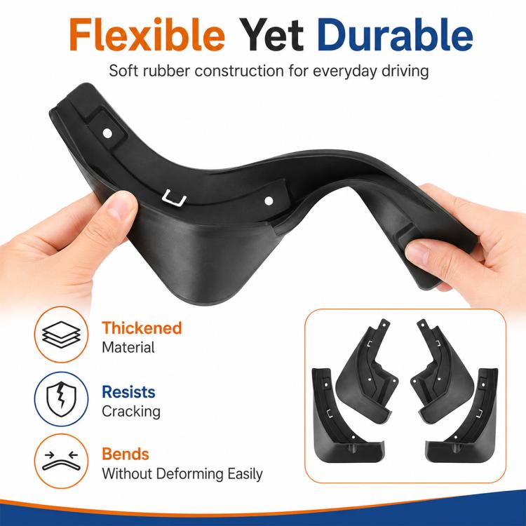 Black flexible splash flap guards, shown held in hands for front wheel fit