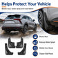 Black mud flap splash guards positioned at wheel edges to block road debris spray