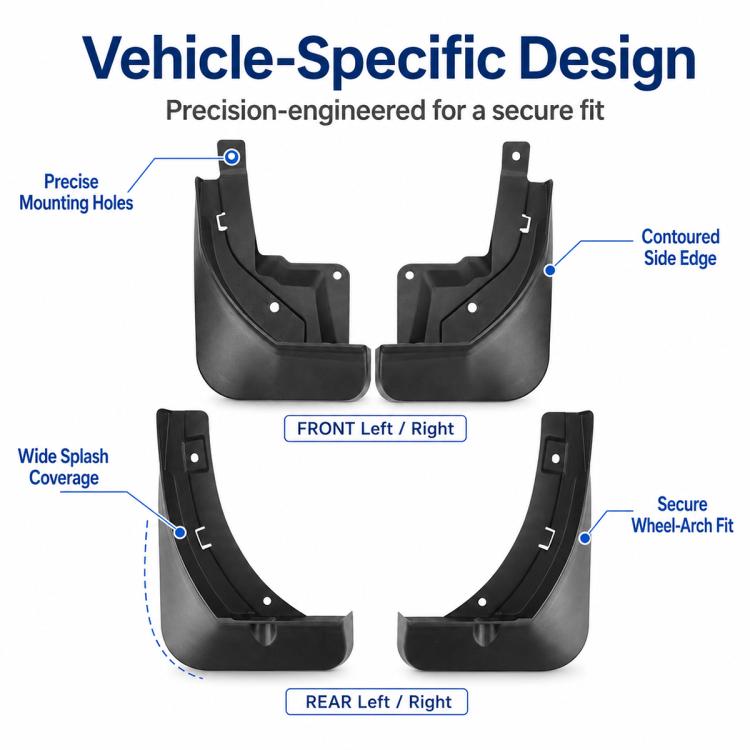 Black front and rear mud flap guards with contour edge and multiple mounting holes