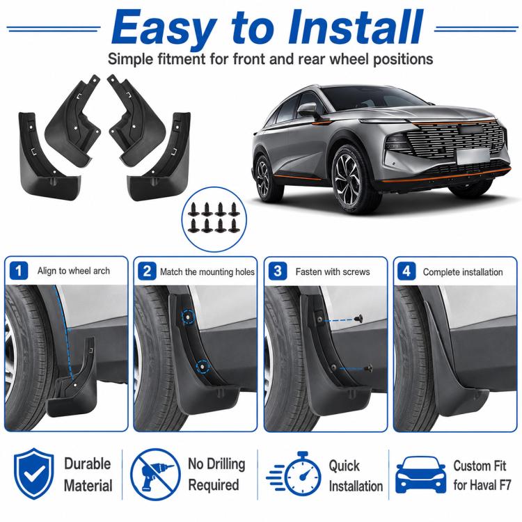 Black splash flap set with screw hardware for front and rear wheel installation