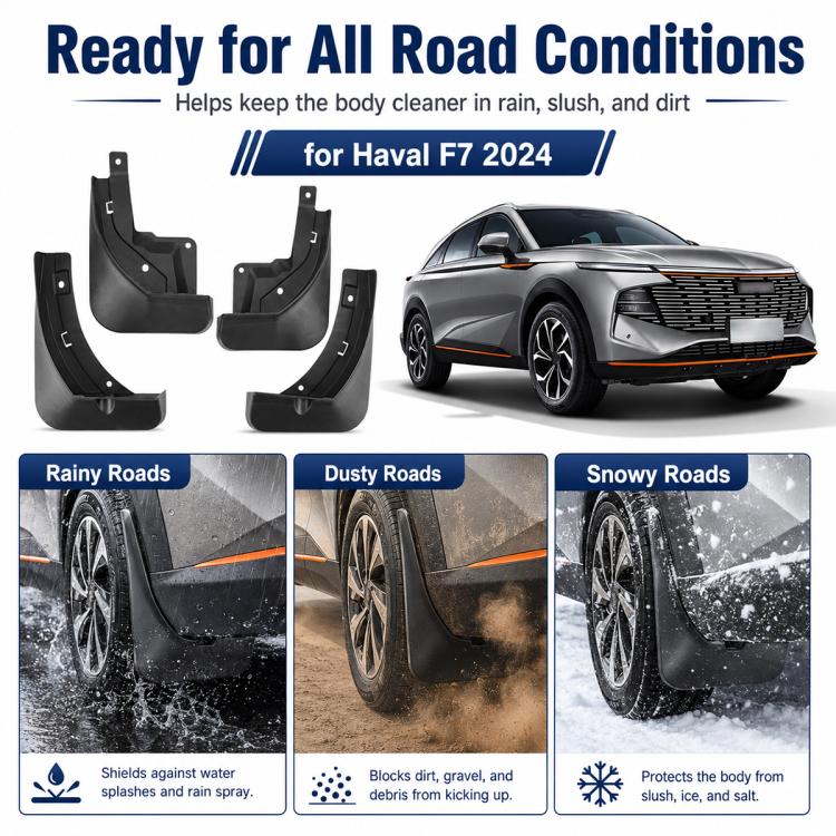 Four black splash flap guards arranged for full vehicle wheel coverage