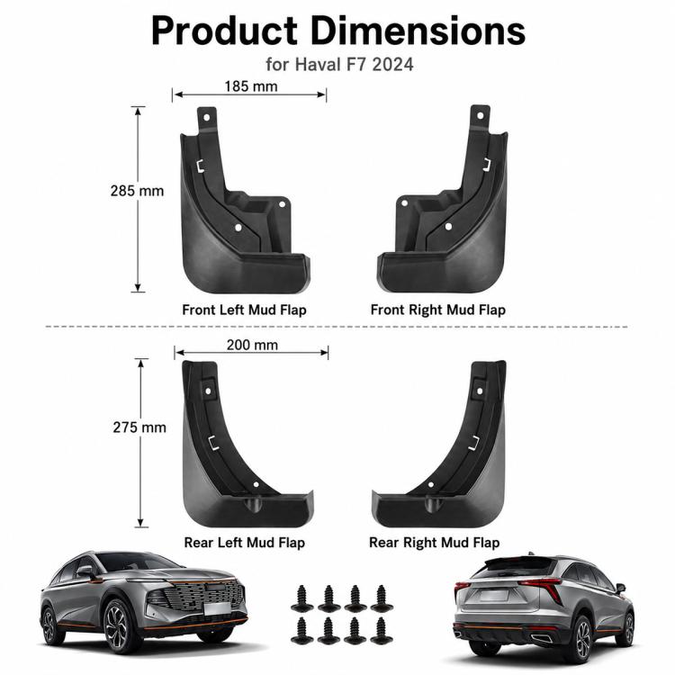Black mud flap guards set shown with product dimensions and included mounting screws