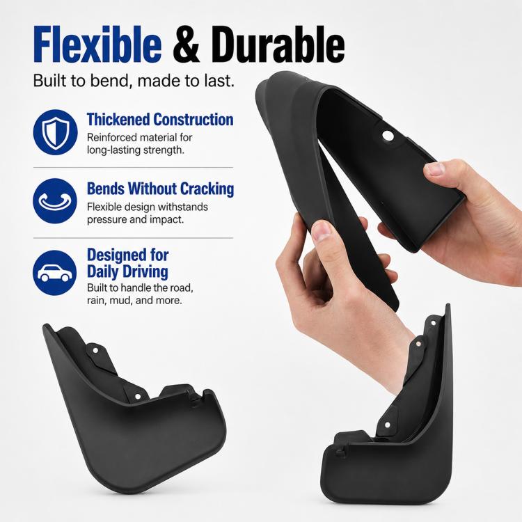 Black flexible mud flap pair held by hand, showing mounting holes