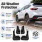Black mud flaps installed on white SUV, front wheel splash guards