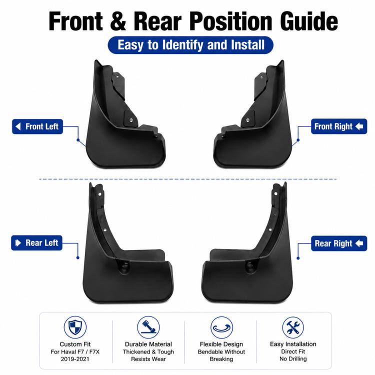 Black front and rear mud flap set, left and right pieces