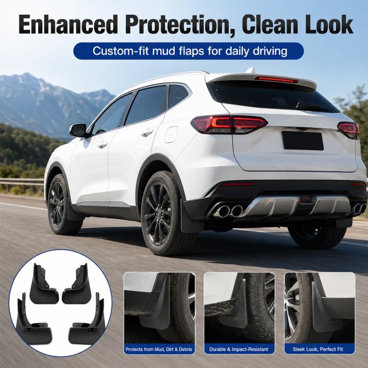 Black mud flaps on white SUV rear and side, splash protection