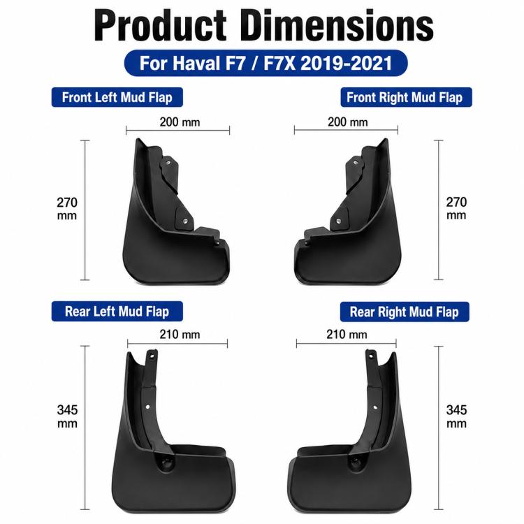 Black mud flap dimensions chart showing front and rear left/right sizes