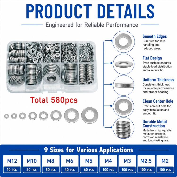 M2-M12 Flat Washer Insulating Round Spacers Suitable for Home use, M2 - M12 580 pcs