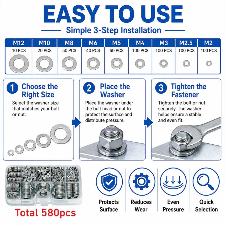 M2-M12 Flat Washer Insulating Round Spacers Suitable for Home use, M2 - M12 580 pcs