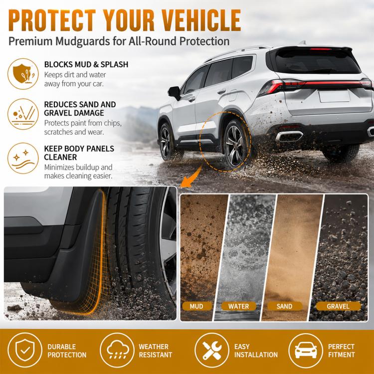 Black all-weather mudguard splash flaps for protecting from mud, water, sand, gravel