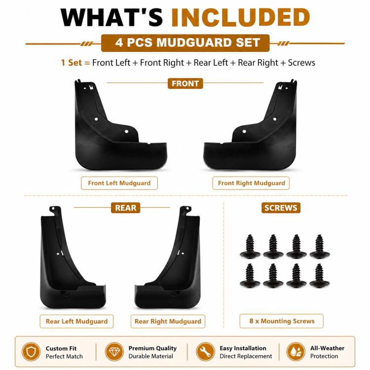 4 pcs mudguard set includes front left/right and rear left/right plus screws