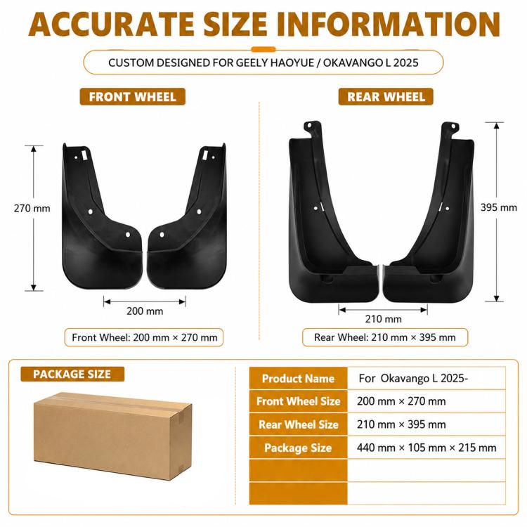 Front and rear black mudguard dimensions for splash flaps with mounting holes