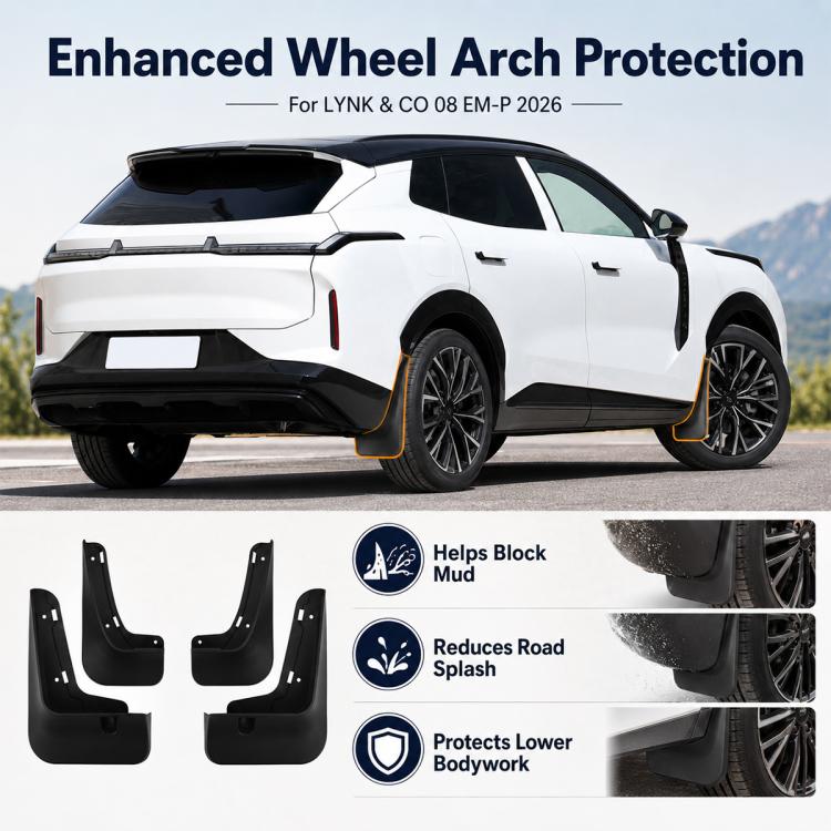 Black wheel arch mud flap guards for blocking road splash and debris