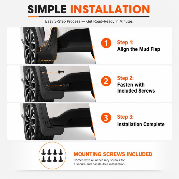 Black mud flaps with included mounting screws shown in installation steps