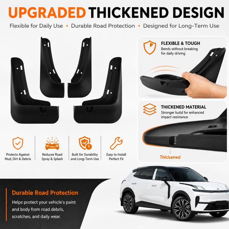 Thick black flexible mud flap set with hand-held front and side detail