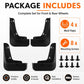 Pack includes 4 black mud flaps and 8 mounting screws