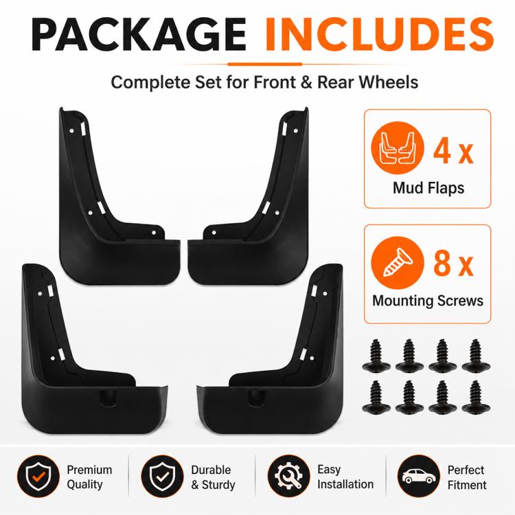 Pack includes 4 black mud flaps and 8 mounting screws