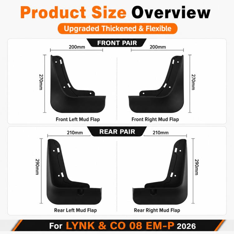 Black mud flaps size chart showing front and rear flap dimensions