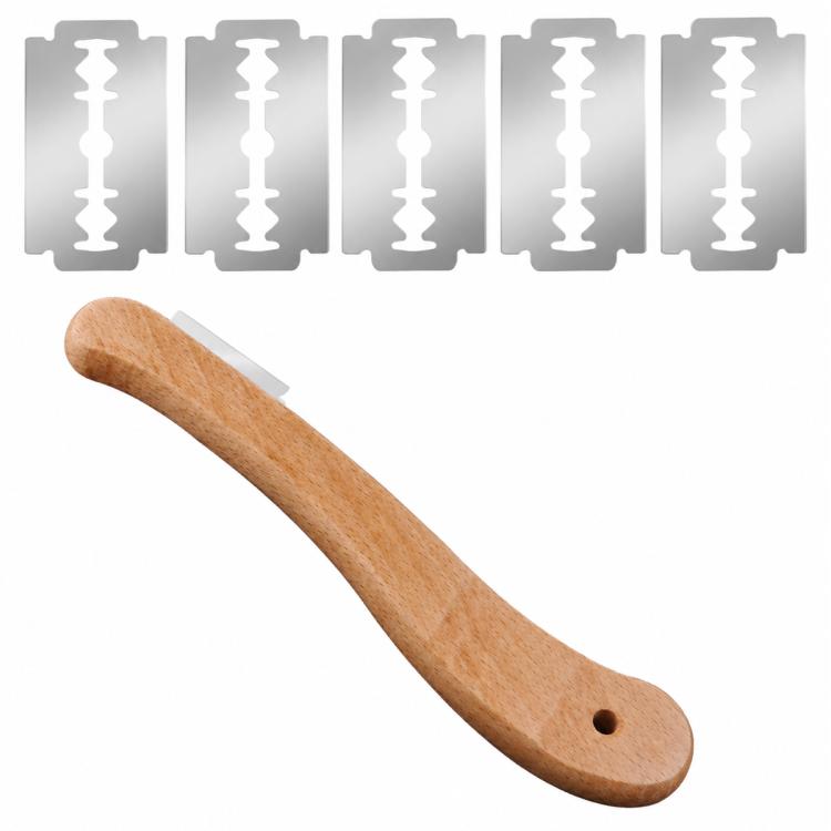 Curved wooden bread scorer handle with hanging hole and metal blade edge