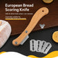 Curved bread scoring knife with wooden handle and metal scoring blade