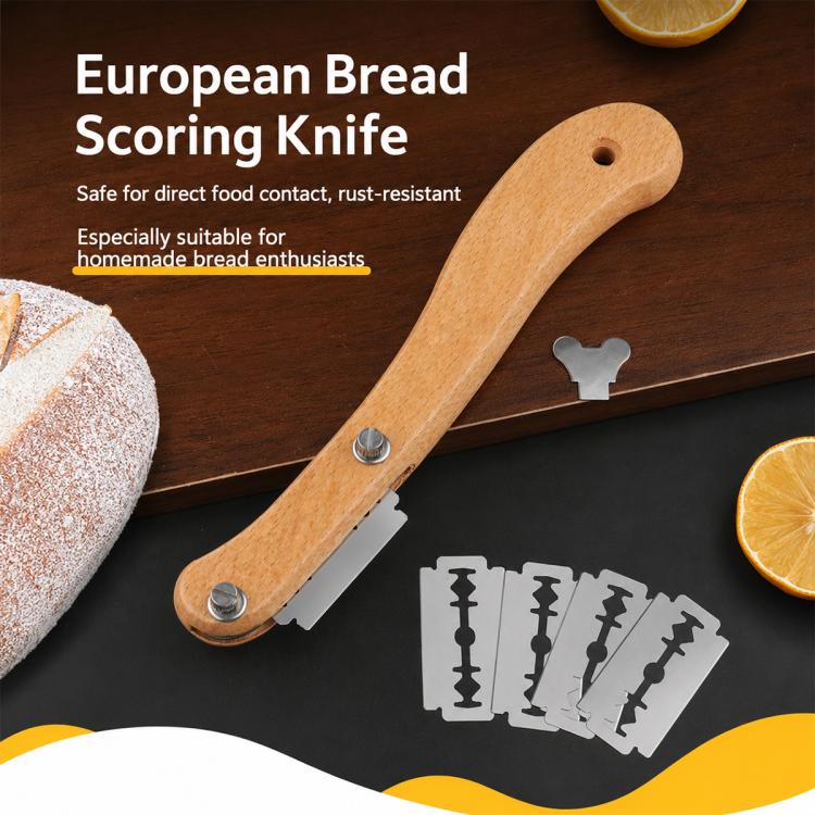 Curved bread scoring knife with wooden handle and metal scoring blade