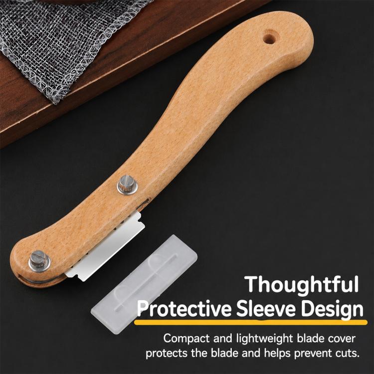 Curved wooden bread scorer with blade cover sleeve and two mounting screws