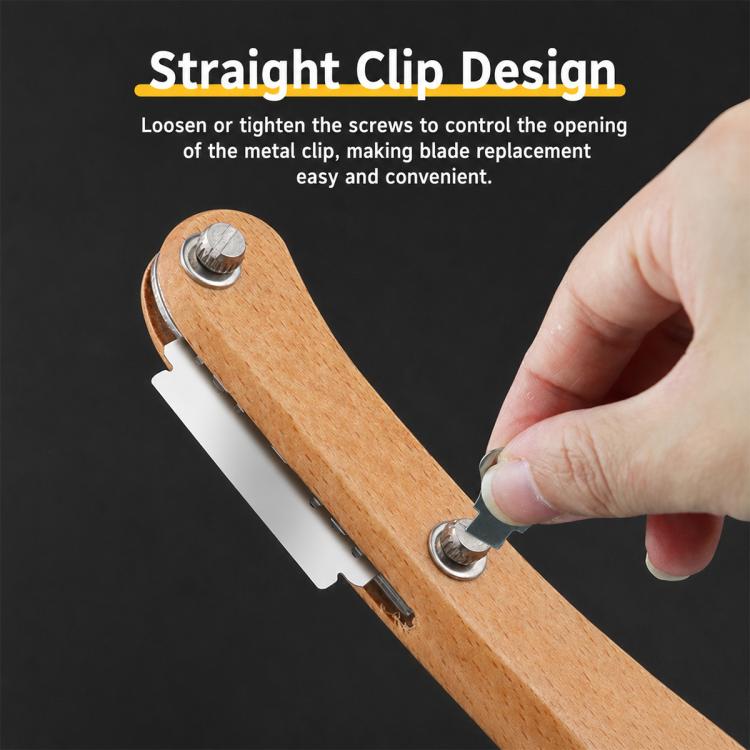 Curved wooden bread scoring knife with metal clip and screw-on blade holder