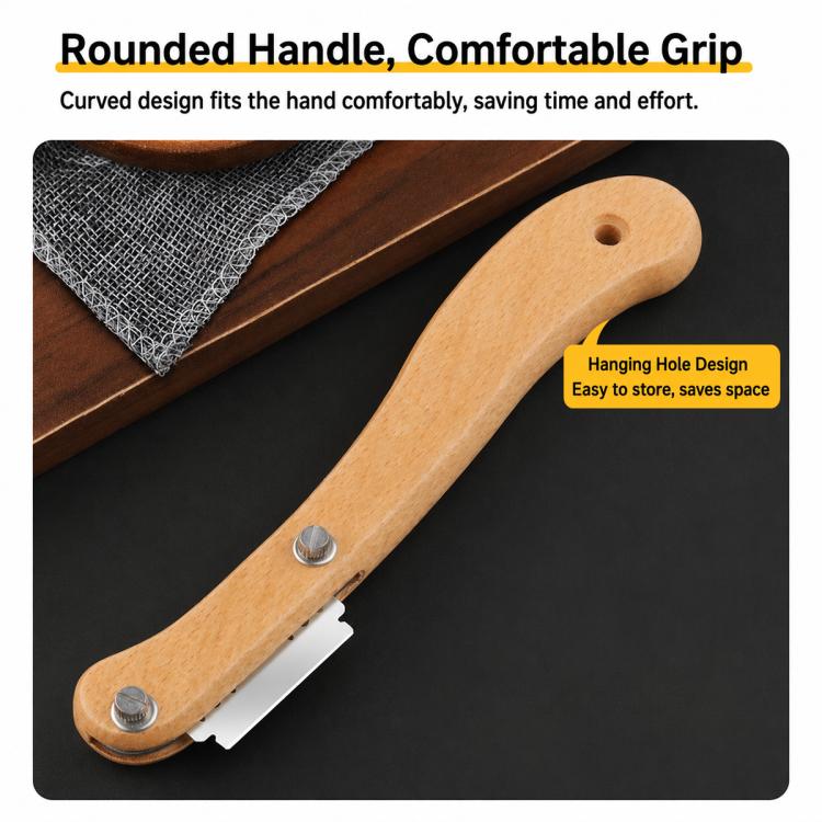 Curved wooden bread scorer with rounded grip and hanging hole