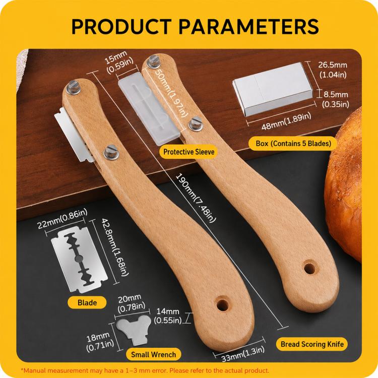 Curved wooden bread scoring knife set with protective sleeve and spare blades