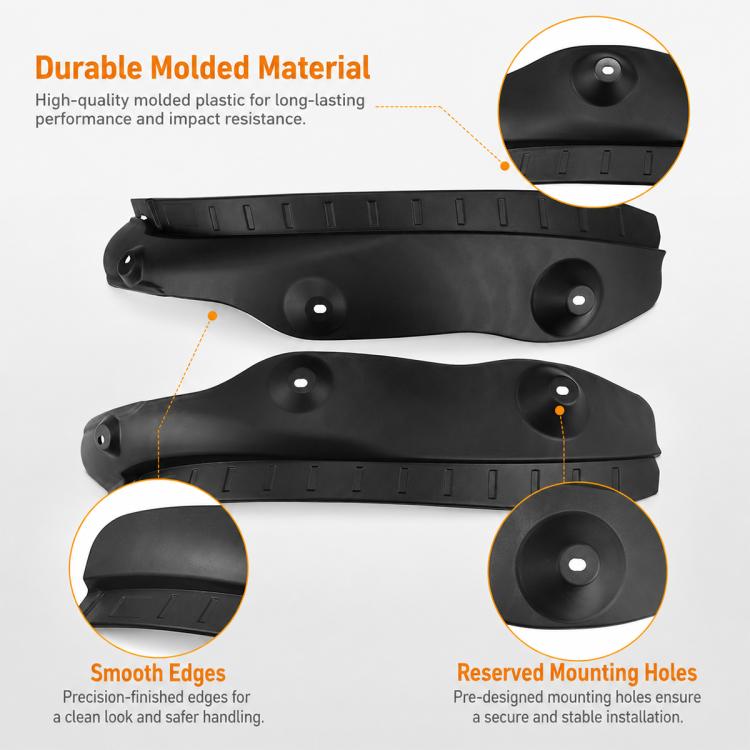 Black splash flaps with recessed mounting holes and smooth edge profile, 2-pack