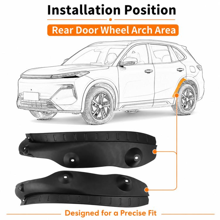 Black rear wheel arch splash flaps, positioned for left and right fit, 2-piece set