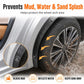 Black splash flap over rear wheel arch, close-up showing coverage against mud splash