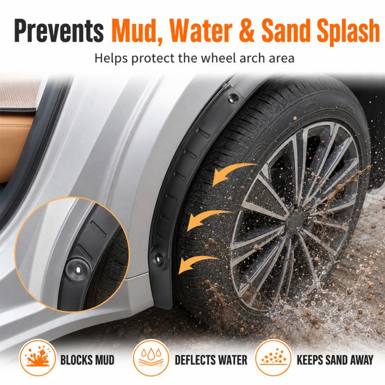 Black splash flap over rear wheel arch, close-up showing coverage against mud splash