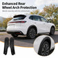Black rear wheel arch protection guards on vehicle, with close-up inset