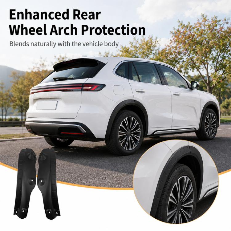 Black rear wheel arch protection guards on vehicle, with close-up inset