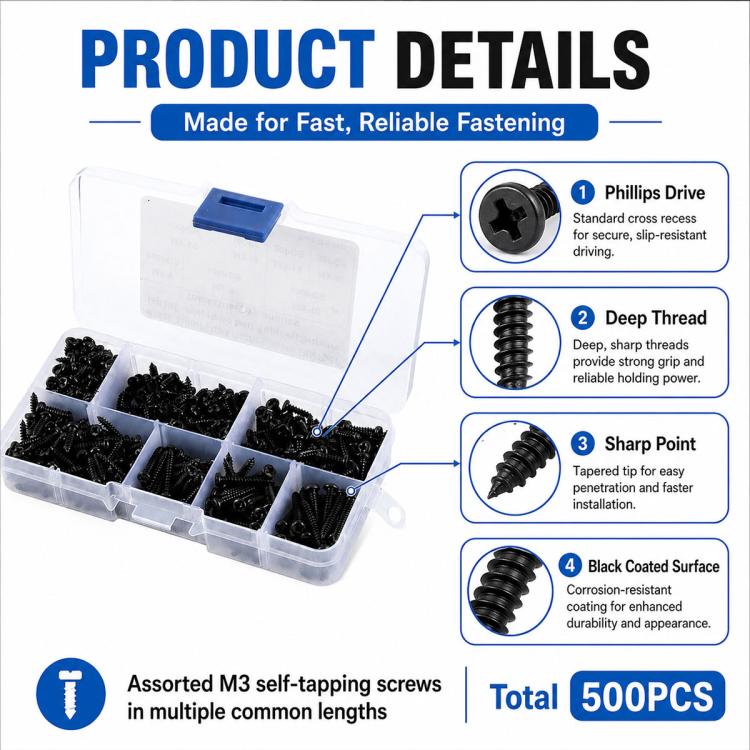 M3 Pan-head Phillips Self-tapping Screw 500 PCS /  Set, M3 500 PCS / Set