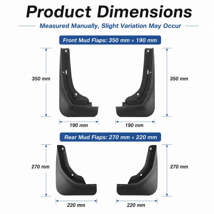 Front and rear black splash mud flap dimensions diagram with mounting hole positions.