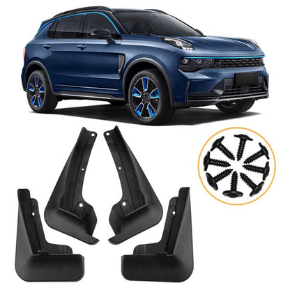 Set of 4 black car splash flaps with mounting screws and hardware.