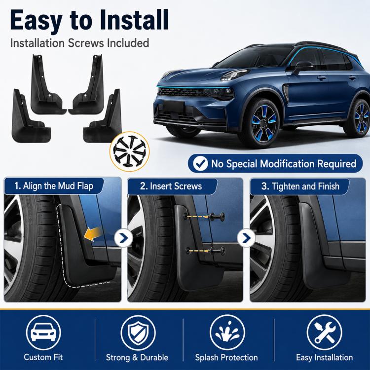 Black splash flaps kit with included installation screws for front and rear wheels.