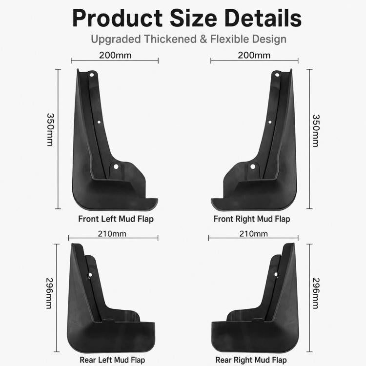 Splash flap size diagram showing front left/right and rear left/right dimensions.