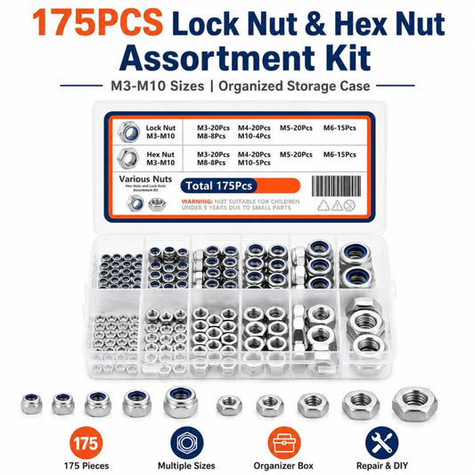 175-piece lock nut and hex nut assortment kit with organizer case and assorted fasteners