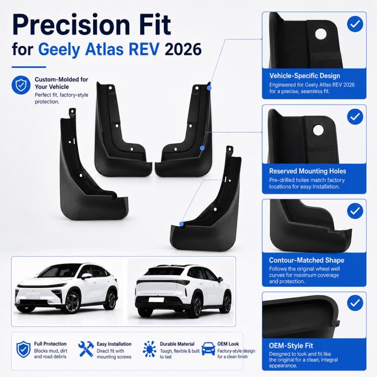 Black wheel splash mud flap set with custom molded shape and reserved mounting holes