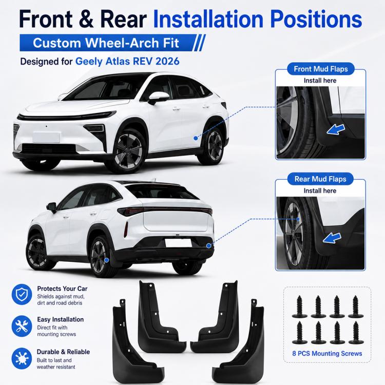 Black wheel-arch mud flap set showing front and rear installation positions