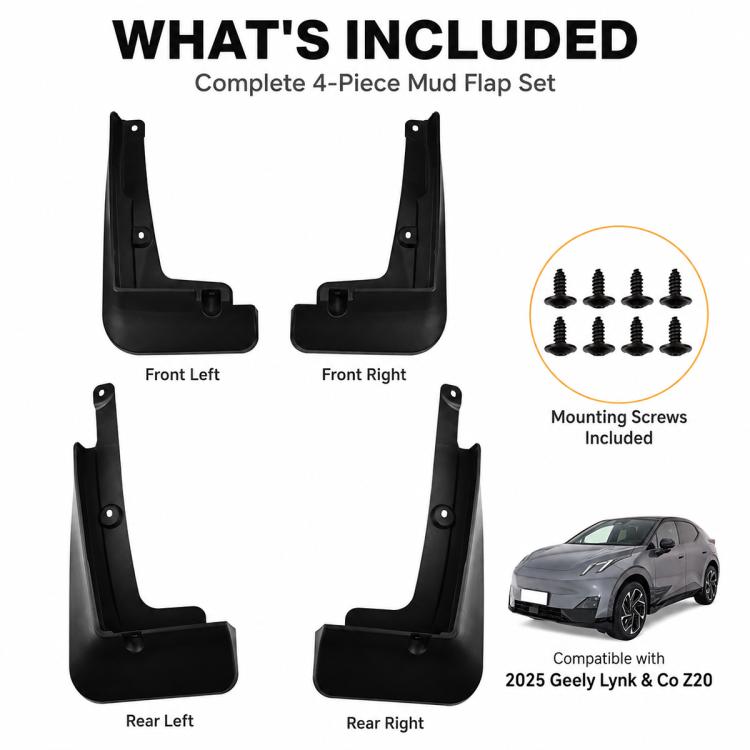 Complete 4-piece mud flap set: front left/right and rear left/right with screws